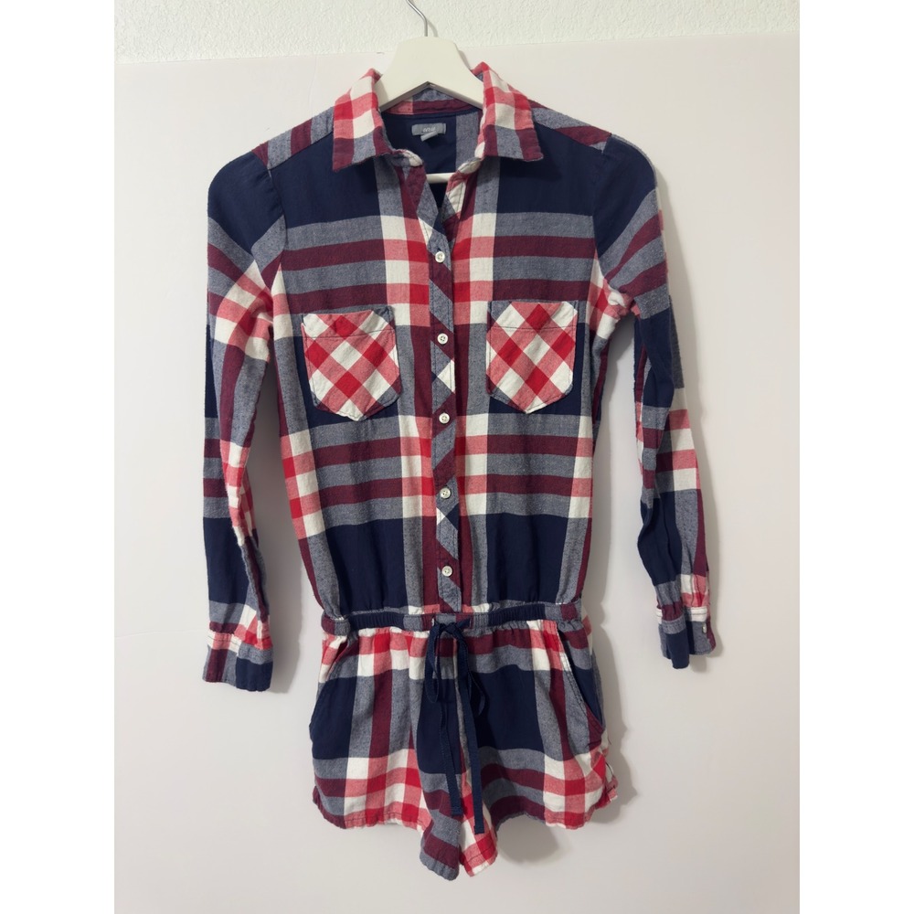 Aerie Plaid Flannel Romper Women‎ XS Navy Blue Red Button Front Loungewear